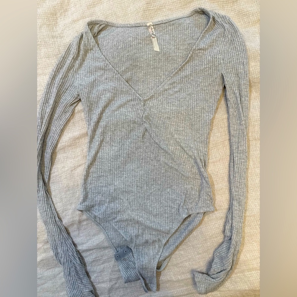 Free People Gray Ribbed Long Sleeve Bodysuit